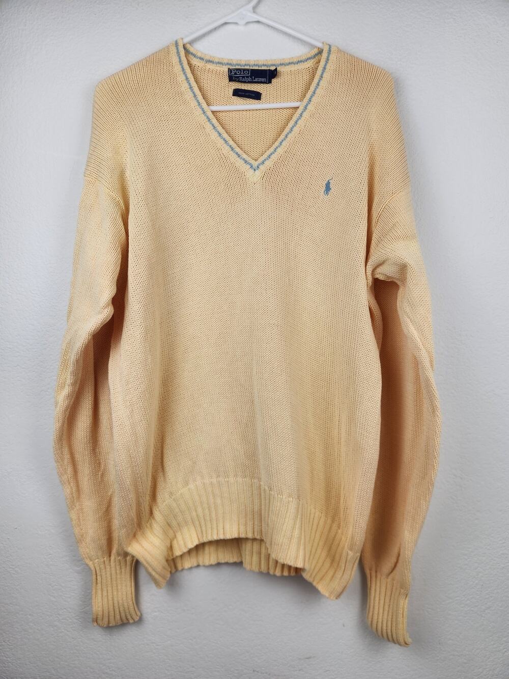 Vintage Polo Ralph Lauren Yellow Sweater V Neck Men Size Small Long Sleeve